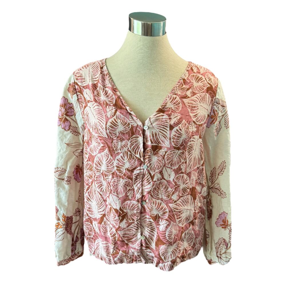 Tahari Medium Pink Linen Floral Mixed-Print V-Neck Button Blouse